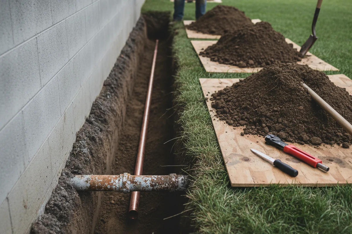Excavated water line trench during Water Softener Installation in Kingston